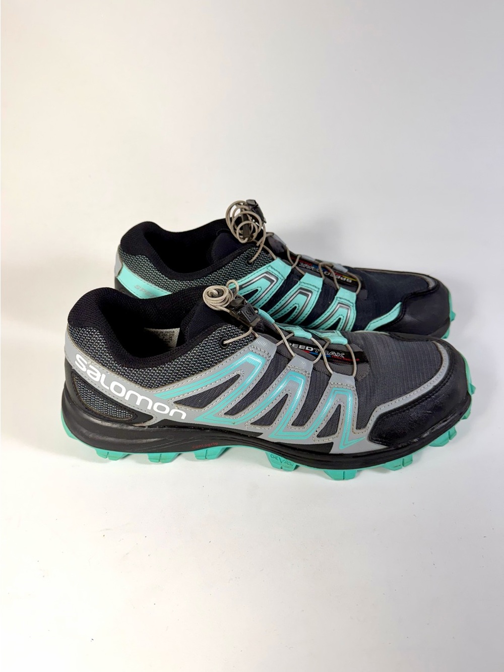 Salomon Speedtrak Trail Running Shoe Women’s Sz 9 US Gray Aqua Quicklace Lrg Lug